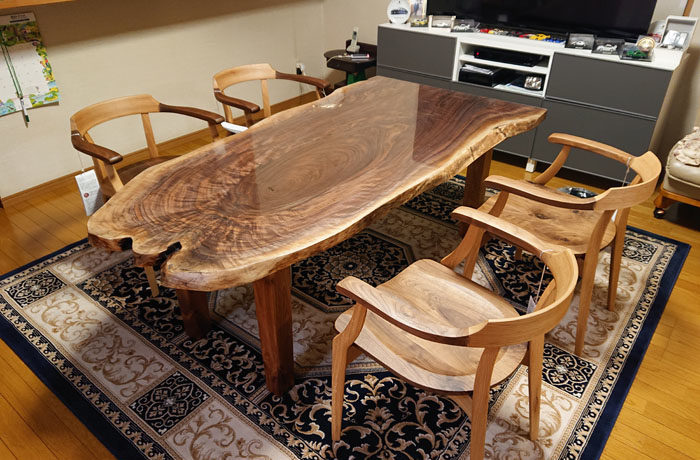 ブラックウォルナット一枚板ダイニングテーブルセット